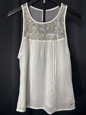 Hollister White Sheer Yoke Embellished Tank